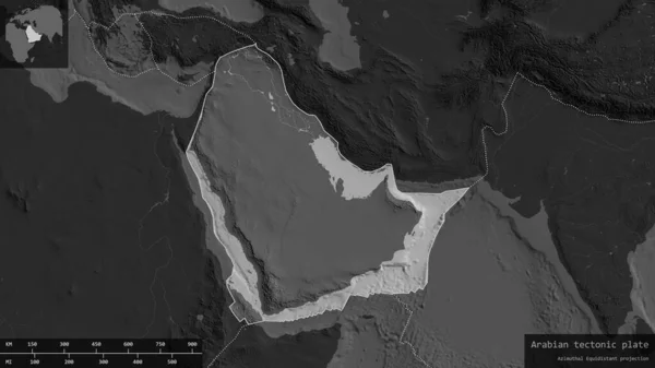 Arabian plate shape outlined on a darkened and desaturated background of the bilevel map with informative overlays. 3D rendering