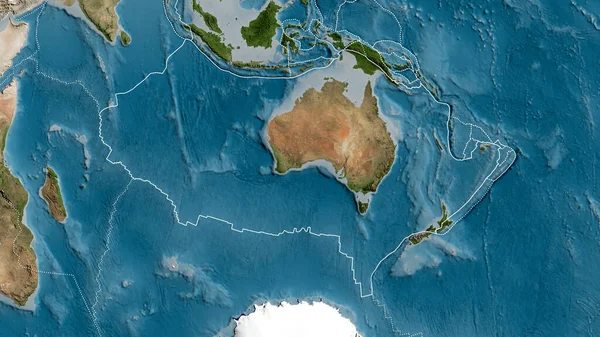Obrys Australské Tektonické Desky Ohraničením Okolních Desek Pozadí Satelitní Mapy — Stock fotografie