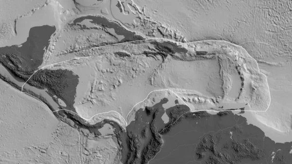 レベルマップを背景に周囲のプレートの境界を持つカリブ海地殻プレートの概要 3Dレンダリング — ストック写真
