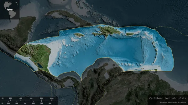 Caribbean plate shape outlined on a darkened and desaturated background of the satellite map with informative overlays. 3D rendering