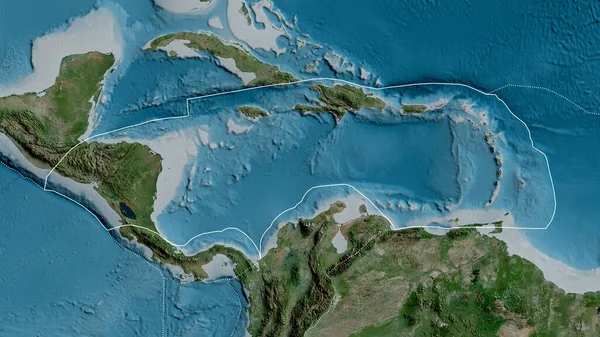 Outline Caribbean Tectonic Plate Borders Surrounding Plates Background Satellite Map — Stock Photo, Image