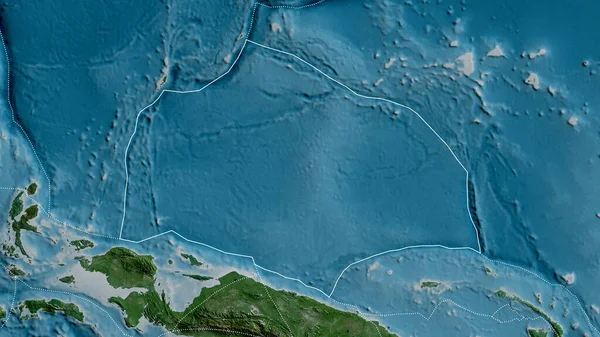 Zarys Płyty Tektonicznej Caroline Granicami Otaczających Płyt Tle Mapy Satelitarnej — Zdjęcie stockowe