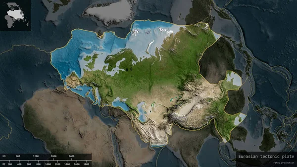 Форма Евразийской Плиты Очерченная Затемненном Обесцвеченном Фоне Спутниковой Карты Информативными — стоковое фото