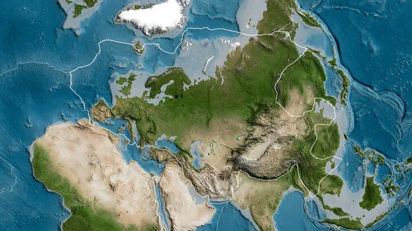 衛星地図を背景に周囲のプレートの境界線を持つユーラシアプレートの概要 3Dレンダリング — ストック写真