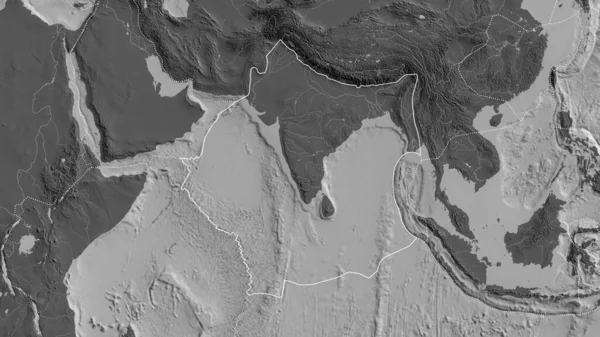 Zarys Indyjskiej Płyty Tektonicznej Granicami Otaczających Płyt Tle Mapy Dwupoziomowej — Zdjęcie stockowe