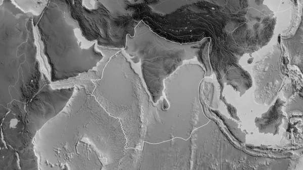 Zarys Indyjskiej Płyty Tektonicznej Granicami Otaczających Płyt Tle Mapy Skali — Zdjęcie stockowe