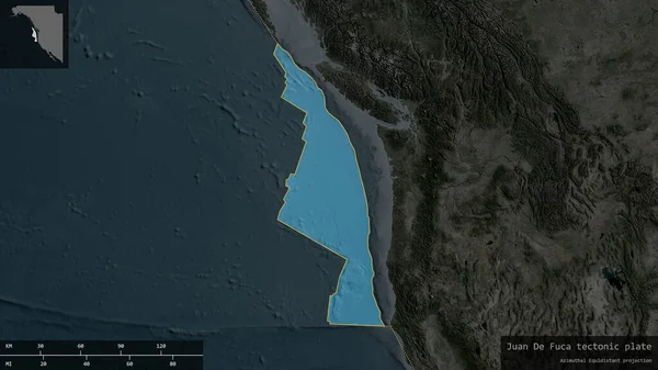 Juan Fuca Kształt Płyty Nakreślone Ciemnym Zdesperowanym Tle Mapy Satelitarnej — Zdjęcie stockowe