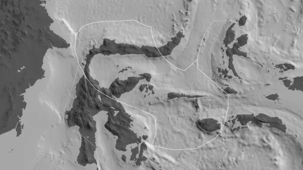 二層地図を背景に周囲のプレートの境界線を持つモルッカ海地殻プレートの概要 3Dレンダリング — ストック写真