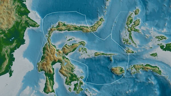 物理的な地図の背景に周囲のプレートの境界を持つ軟体動物の海地殻プレートの概要 3Dレンダリング — ストック写真