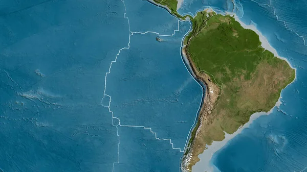 Obrys Tektonické Desky Nazca Ohraničením Okolních Desek Pozadí Satelitní Mapy — Stock fotografie