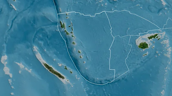 Obrys Tektonické Desky New Hebrides Ohraničením Okolních Desek Pozadí Satelitní — Stock fotografie