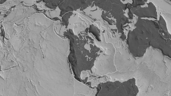 レベルマップを背景に周囲のプレートの境界を持つ北米地殻プレートの概要 3Dレンダリング — ストック写真