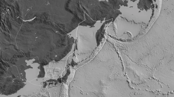 二層地図を背景に周囲のプレートの境界線を持つオホーツク地震プレートの概要 3Dレンダリング — ストック写真