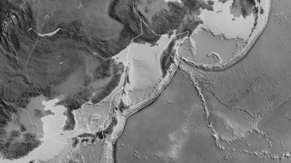 Okhotski Tektonikus Lemez Körvonala Környező Lemezek Határaival Egy Szürkeárnyalatos Térkép — Stock Fotó
