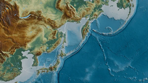 Obrys Tektonické Desky Okhotsk Ohraničením Okolních Desek Pozadí Reliéfní Mapy — Stock fotografie