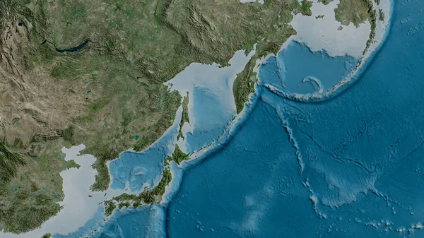 Okhotsk板块周围地区的卫星地图 3D渲染 — 图库照片