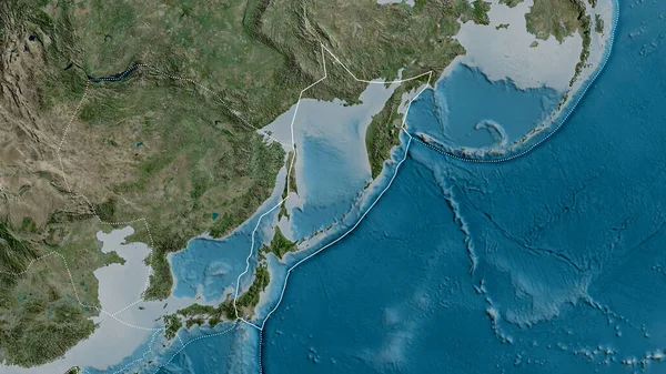 Schema Della Placca Tettonica Okhotsk Con Bordi Delle Placche Circostanti — Foto Stock