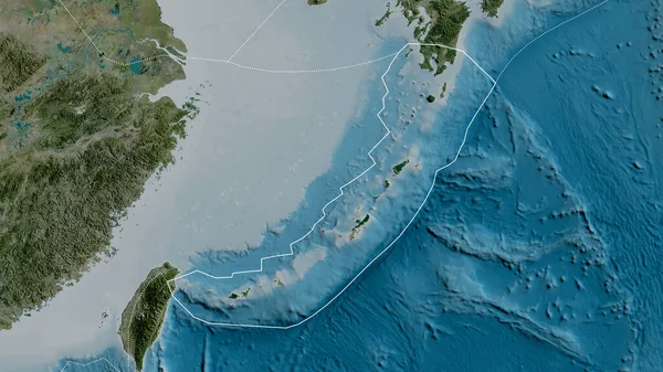 Obrys Tektonické Desky Okinawa Ohraničením Okolních Desek Pozadí Satelitní Mapy — Stock fotografie
