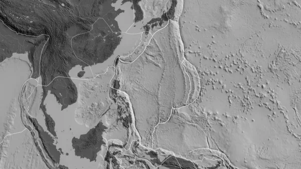 レベルマップを背景に周囲のプレートの境界を持つフィリピン海地殻プレートの概要 3Dレンダリング — ストック写真