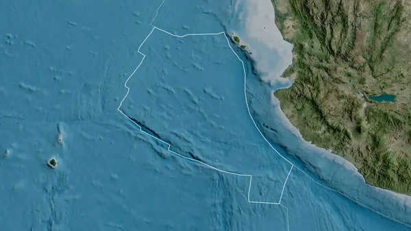 衛星地図を背景に周囲のプレートの境界を持つリベラ構造プレートの概要 3Dレンダリング — ストック写真