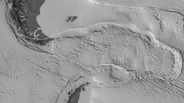 レベルマップを背景に周囲のプレートの境界を持つスコシア連邦の地殻プレートの概要 3Dレンダリング — ストック写真