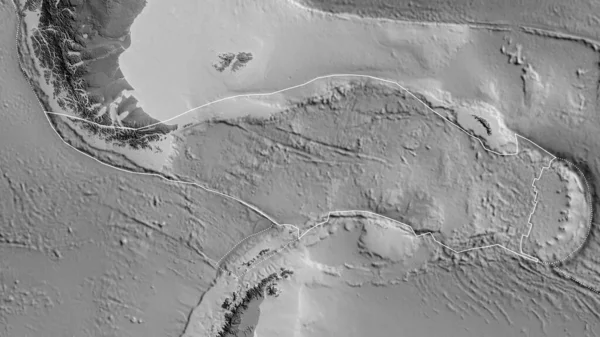 グレースケール地図の背景を背景に周囲のプレートの境界を持つスコシア地震プレートの概要 3Dレンダリング — ストック写真