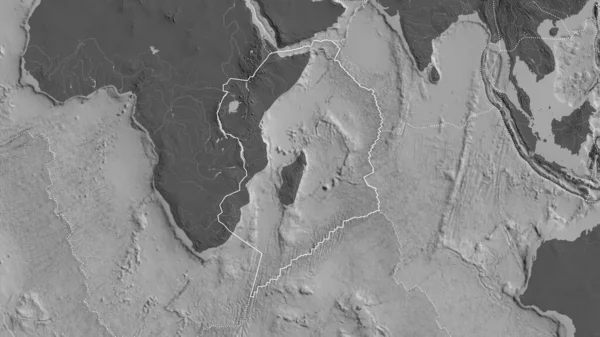 Zarys Somalijskiej Płyty Tektonicznej Granicami Otaczających Płyt Tle Mapy Dwupoziomowej — Zdjęcie stockowe
