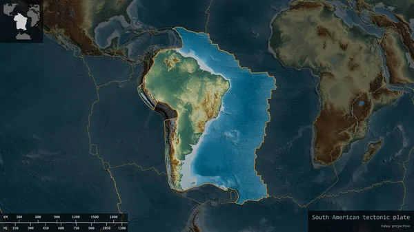 Forma Placa Sudamericana Delineada Sobre Fondo Oscuro Desaturado Del Mapa — Foto de Stock