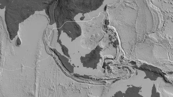 Zarys Płyty Tektonicznej Sunda Granicami Otaczających Płyt Tle Mapy Dwupoziomowej — Zdjęcie stockowe