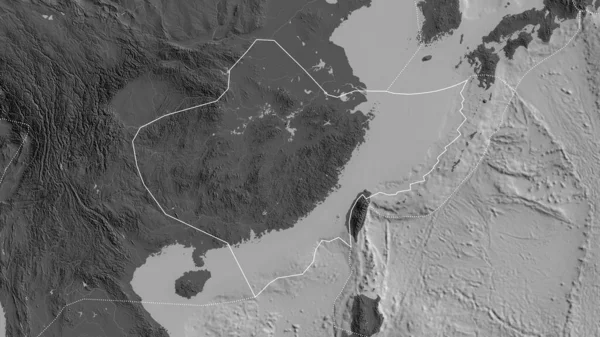 Obrys Tektonické Desky Yangtze Okraji Okolních Desek Pozadí Dvouúrovňové Mapy — Stock fotografie