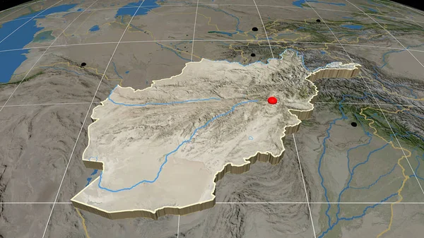 Afghanistan extruded on the satellite orthographic map. Capital, administrative borders and graticule