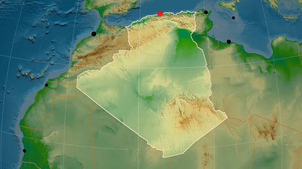 Argelia Esbozado Mapa Ortográfico Físico Capital Fronteras Administrativas Graticule — Foto de Stock