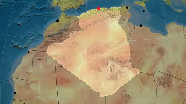 Argelia Esbozó Mapa Ortográfico Topográfico Capital Fronteras Administrativas Graticule —  Fotos de Stock