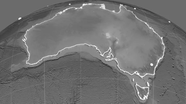 Australie Extrudé Sur Carte Orthographique Niveaux Gris Capital Frontières Administratives — Photo