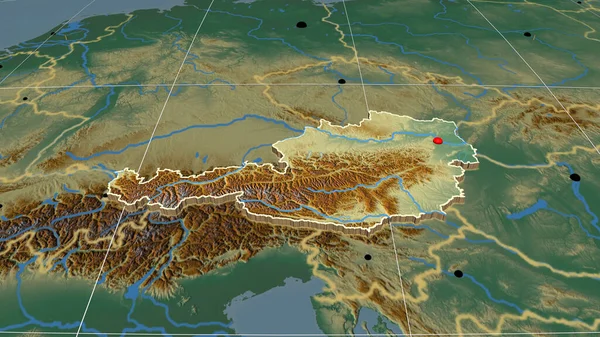 Austria Extruido Mapa Ortográfico Relieve Capital Fronteras Administrativas Graticule —  Fotos de Stock