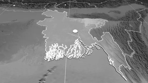 Bangladesh extruded on the grayscale orthographic map. Capital, administrative borders and graticule