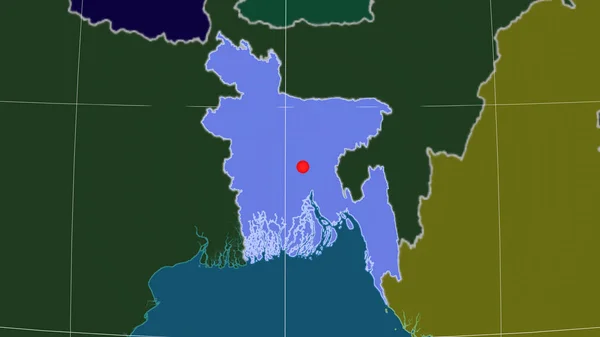 Bangladesh outlined on the administrative orthographic map. Capital, administrative borders and graticule