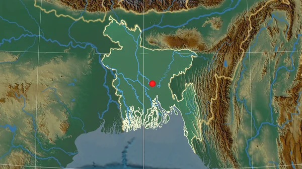 Bangladesh outlined on the relief orthographic map. Capital, administrative borders and graticule