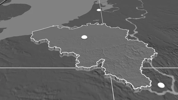 Belgium extruded on the bilevel orthographic map. Capital, administrative borders and graticule