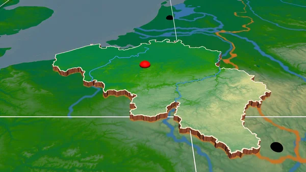 Belgium extruded on the physical orthographic map. Capital, administrative borders and graticule
