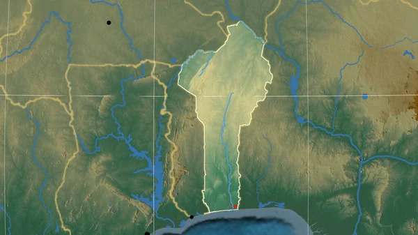 Benin Delineado Mapa Ortográfico Alívio Capital Fronteiras Administrativas Gratificação — Fotografia de Stock