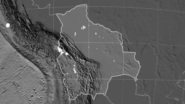 Bolivia Delineado Mapa Ortográfico Bilevel Capital Fronteras Administrativas Graticule —  Fotos de Stock