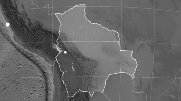 Bolivia Delineó Mapa Ortográfico Escala Grises Capital Fronteras Administrativas Graticule —  Fotos de Stock