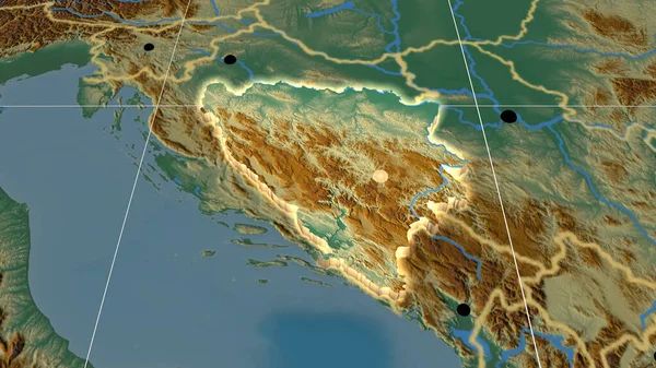 Bosnia Herzegovina Extruido Mapa Ortográfico Relieve Capital Fronteras Administrativas Graticule —  Fotos de Stock