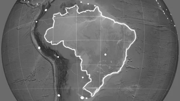 Brasil Delineó Mapa Ortográfico Escala Grises Capital Fronteras Administrativas Graticule —  Fotos de Stock