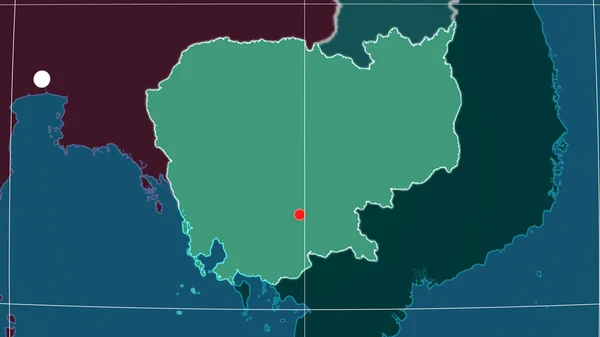 Cambodia Outlined Administrative Orthographic Map Capital Administrative Borders Graticule — Stock Photo, Image