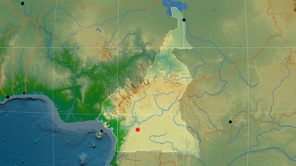 Camerún Esbozado Mapa Ortográfico Físico Capital Fronteras Administrativas Graticule —  Fotos de Stock