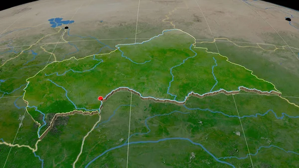 Central African Republic extruded on the satellite orthographic map. Capital, administrative borders and graticule