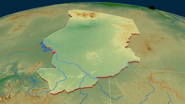 Chad Extruido Mapa Ortográfico Físico Capital Fronteras Administrativas Graticule —  Fotos de Stock