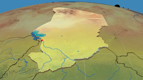 乍得被挤压在地形正态图上 行政边界和满足E — 图库照片